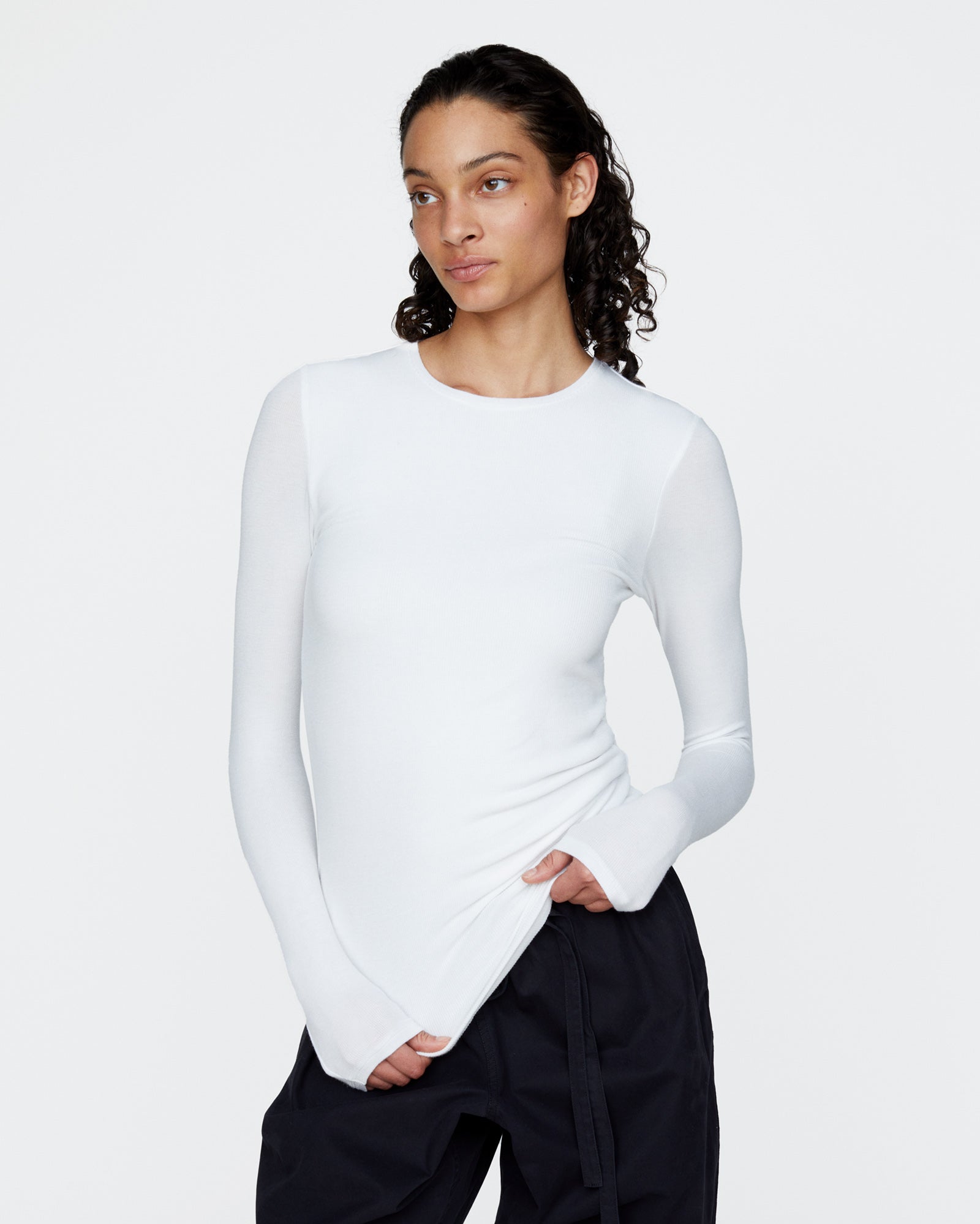 Modal Rib Long Sleeve Crew - White