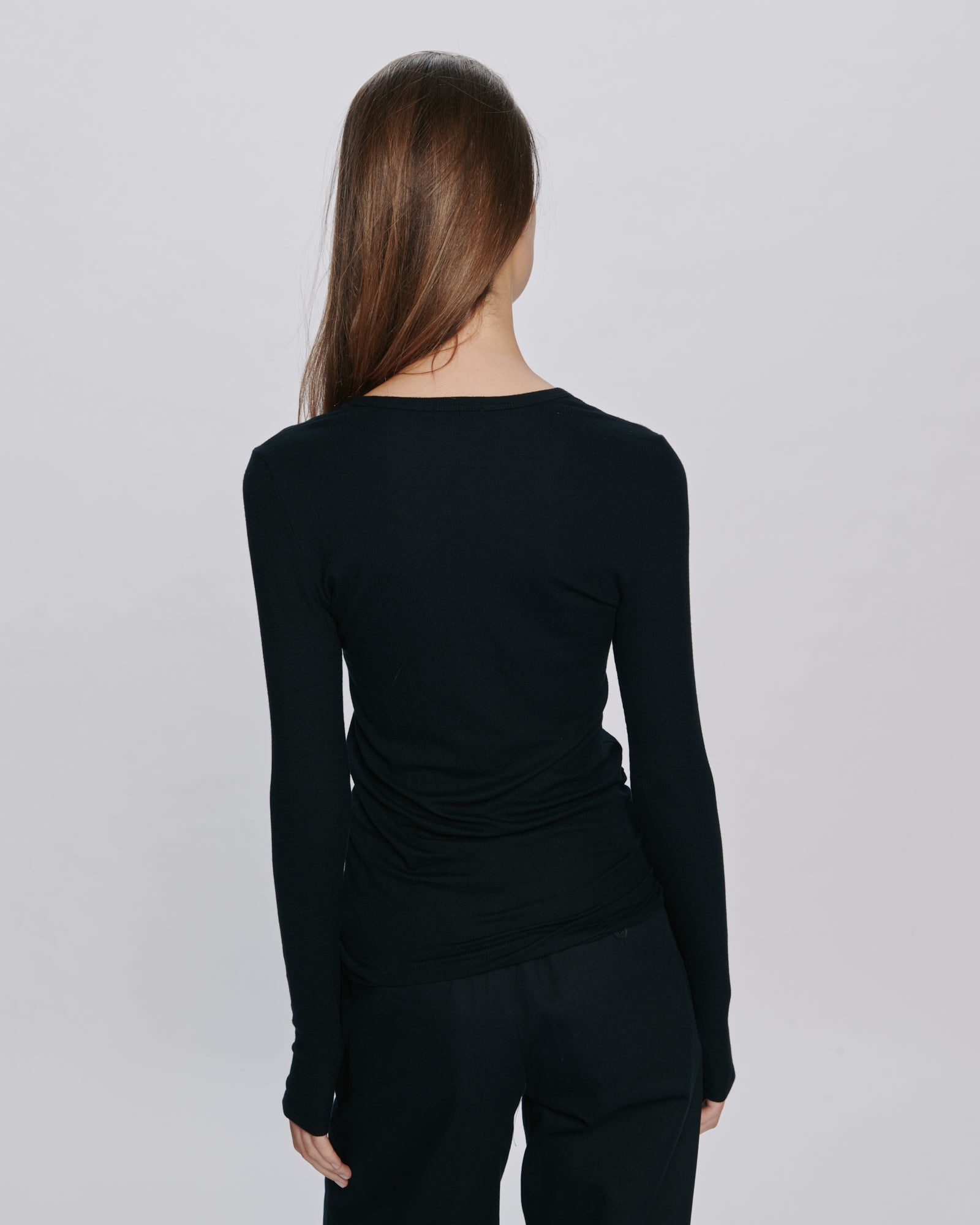 Modal Rib Long Sleeve V-Neck Tee - Black
