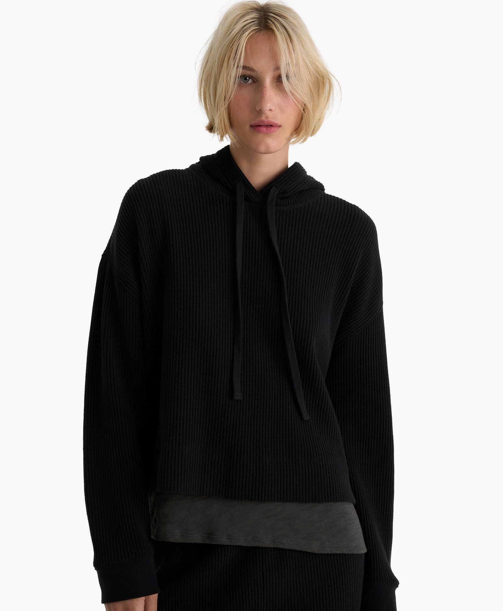 Cotton Waffle Pullover Hoodie - Black