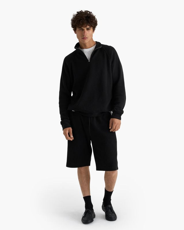 Cotton Waffle Quarter Zip - Black