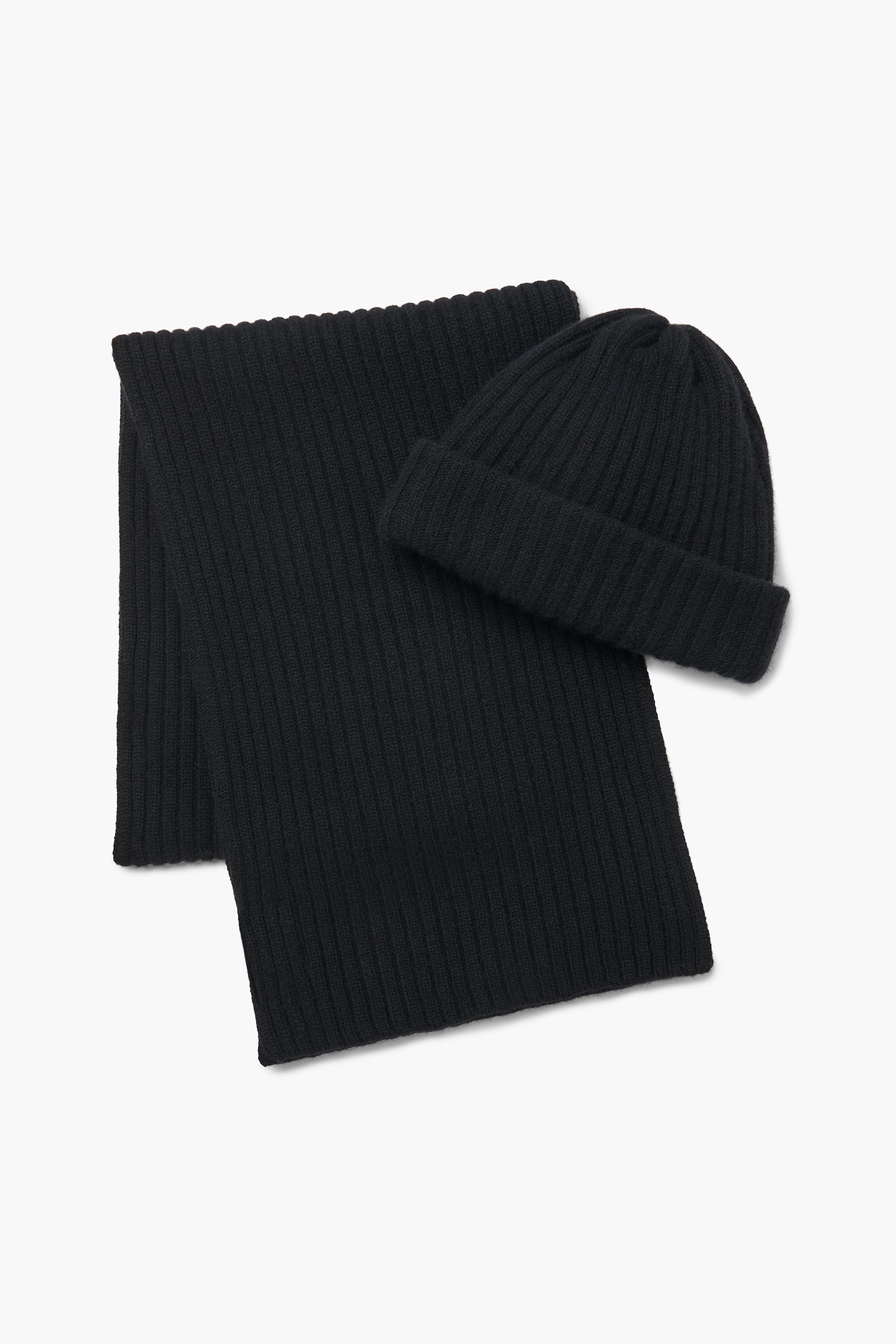 Plaited Ribbed Beanie/Scarf Set - Black