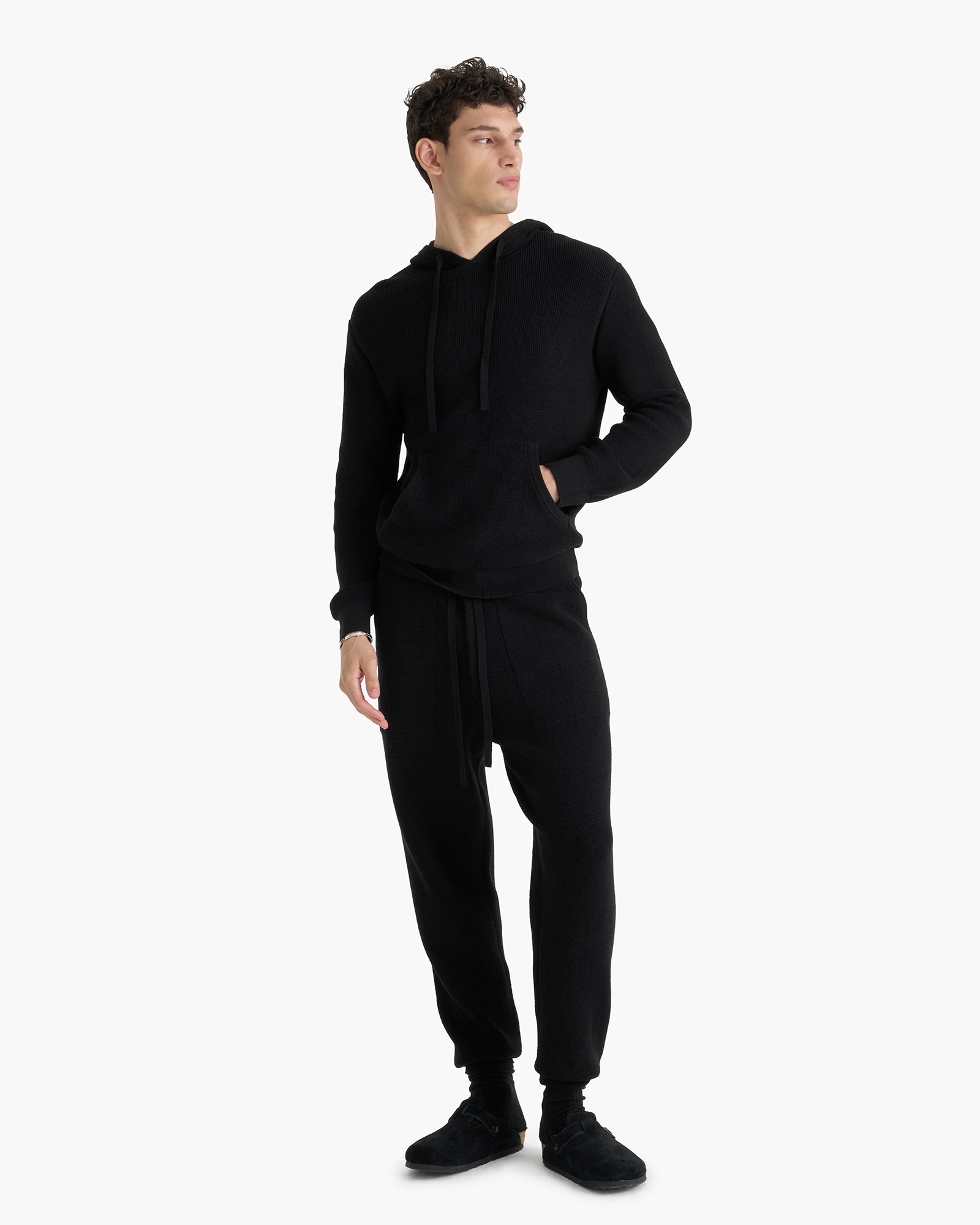 Cotton Cashmere Waffle Stitch Pullover Hoodie - Black