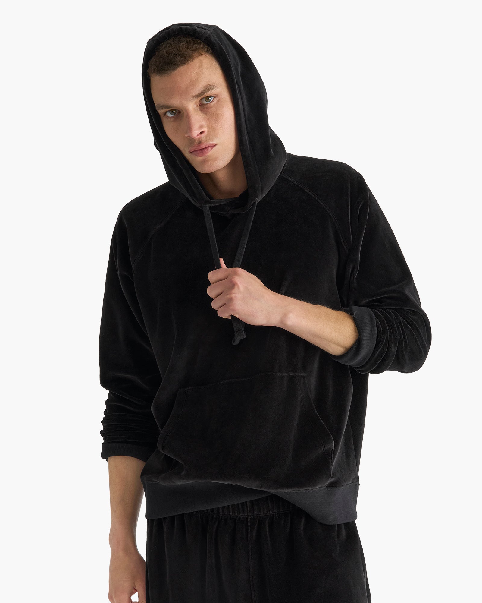 Velour Raglan Pullover Hoodie - Black