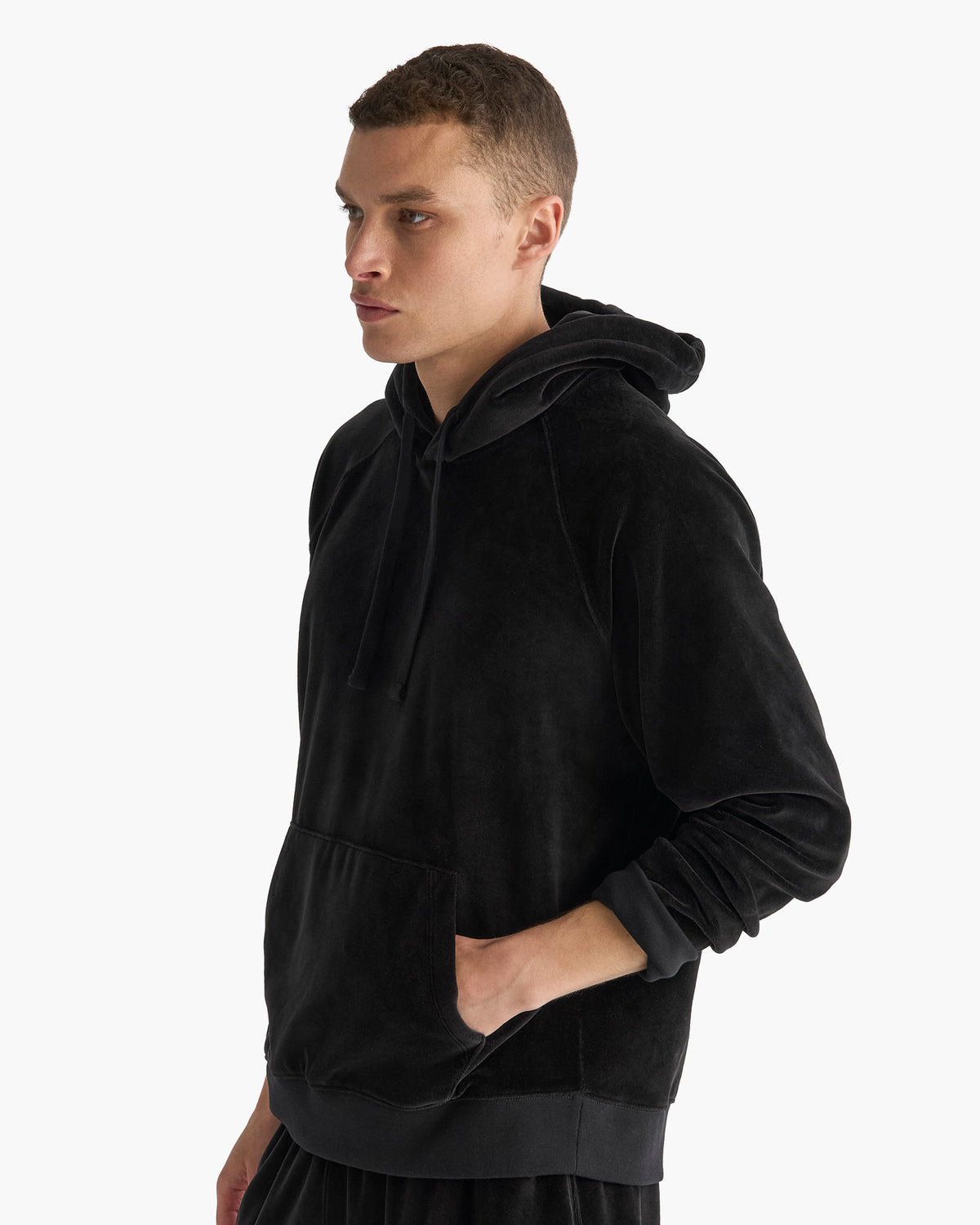 Velour Raglan Pullover Hoodie - Black