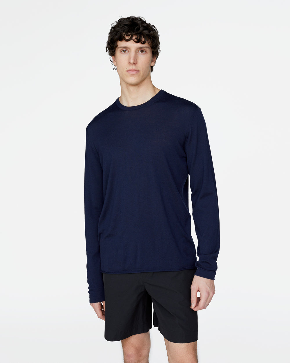 Extra Fine Merino Wool Long Sleeve Crew Neck Tee - Midnight