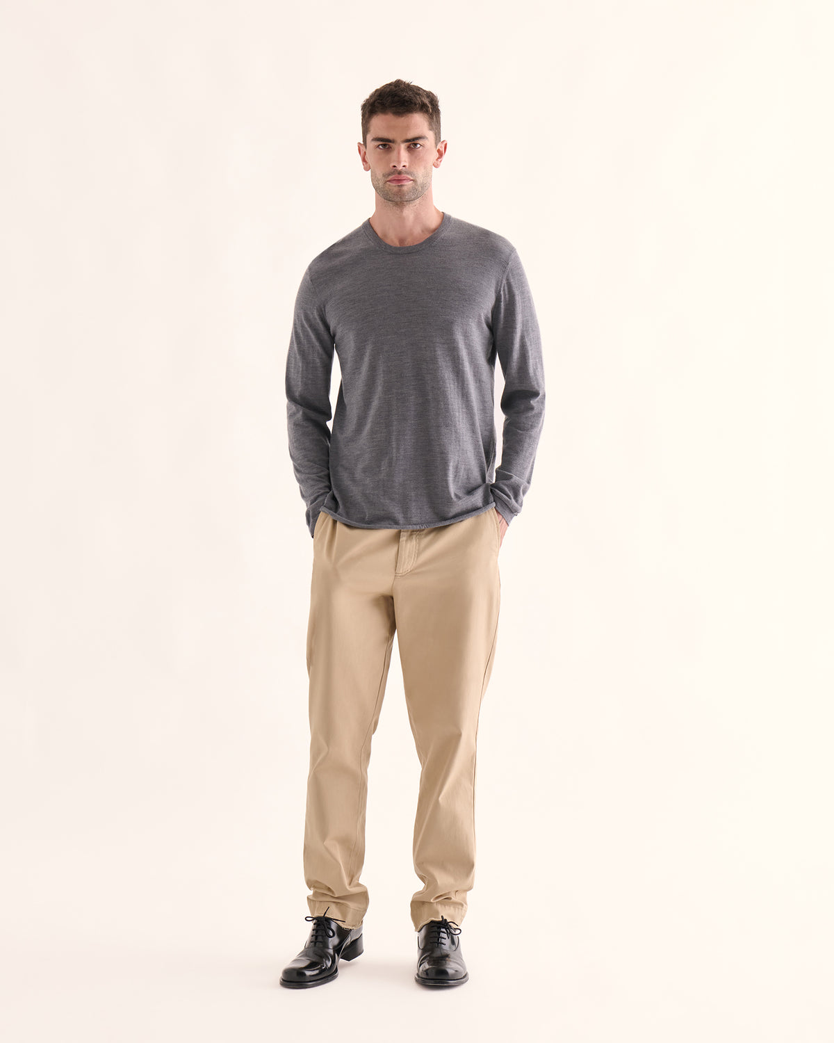 Extra Fine Merino Wool Long Sleeve Crew Neck Tee - Medium Heather Grey