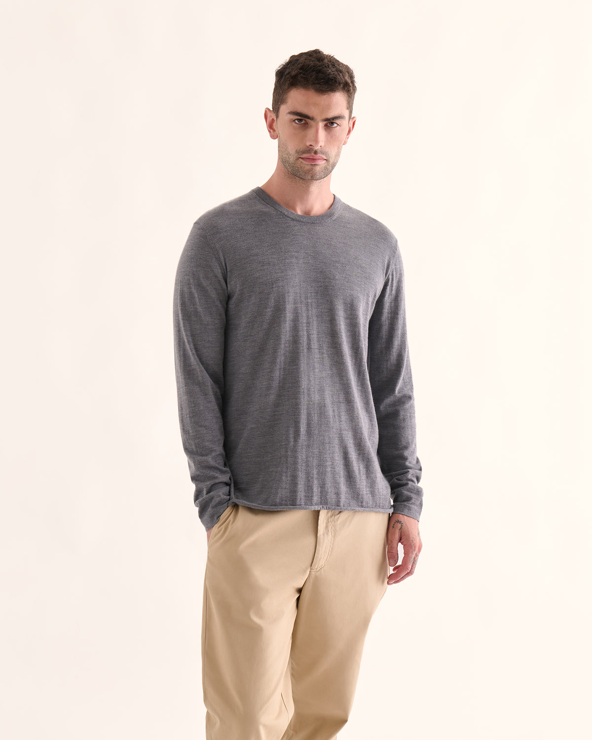 Extra Fine Merino Wool Long Sleeve Crew Neck Tee - Medium Heather Grey