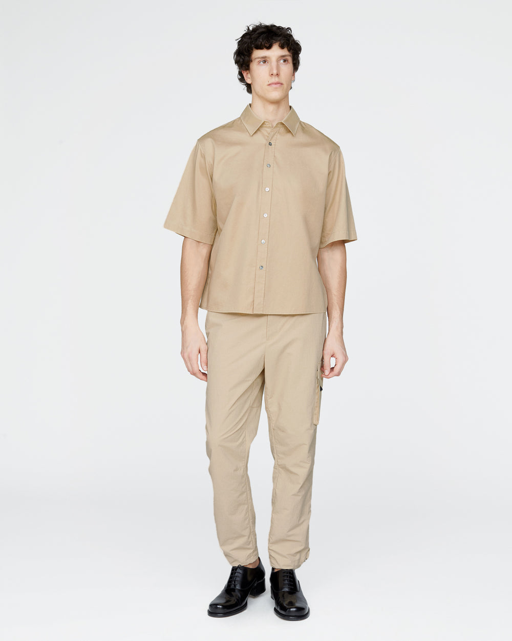 Cotton Poplin Short Sleeve Button Down Shirt - Macadamia