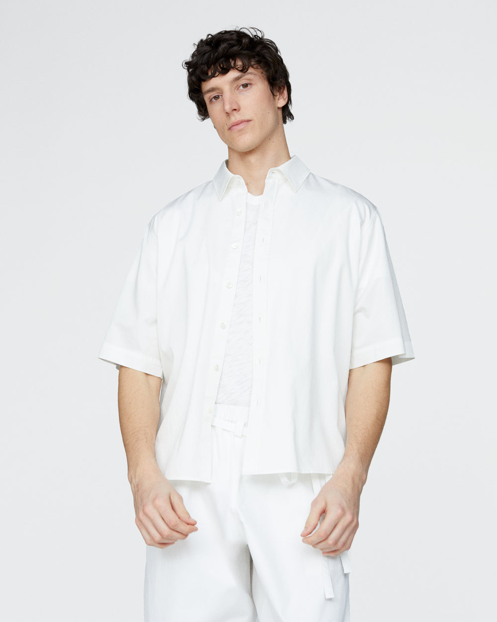 Cotton Poplin Short Sleeve Button Down Shirt - White