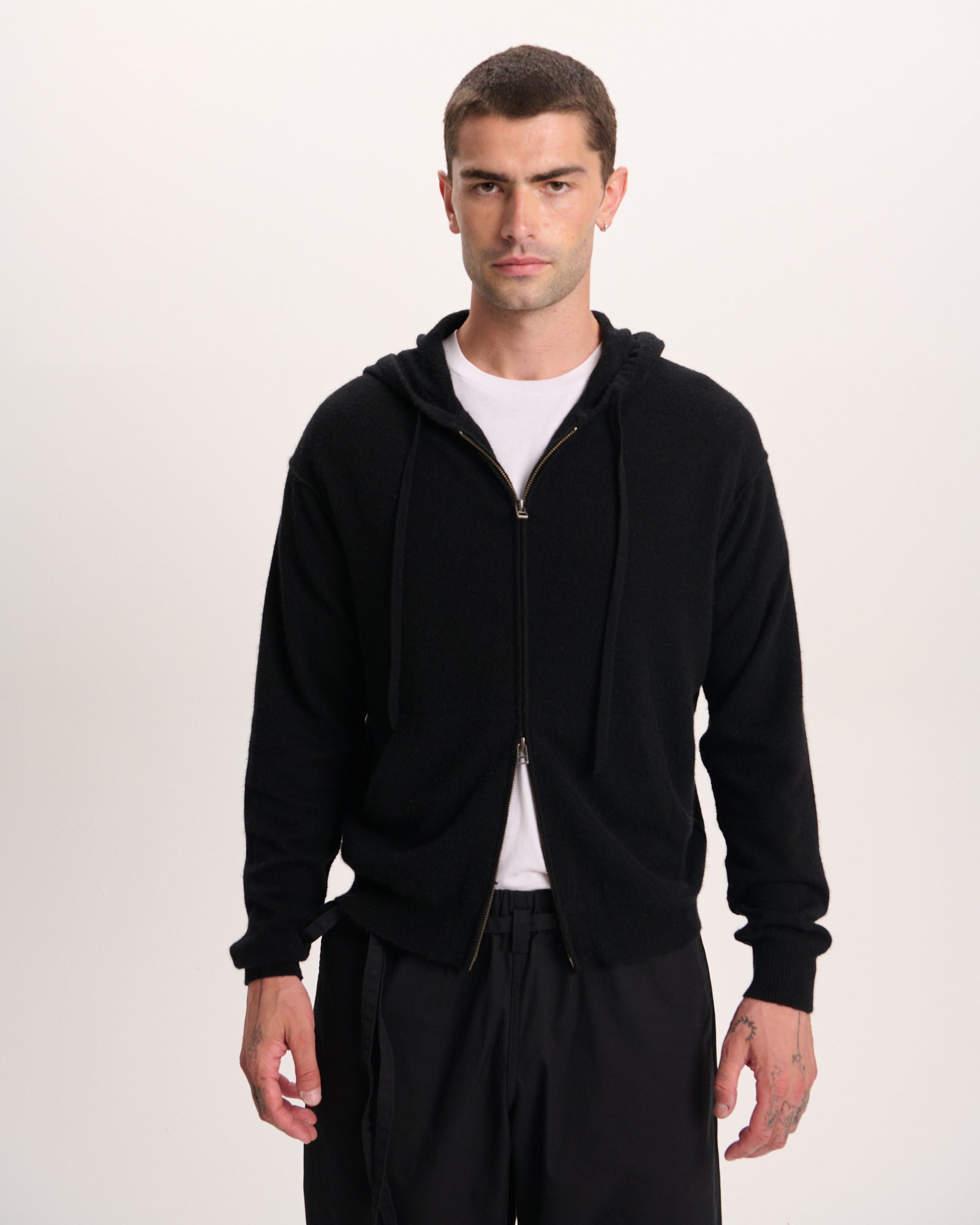 Cashmere Long Sleeve Hoodie With Seam - Black