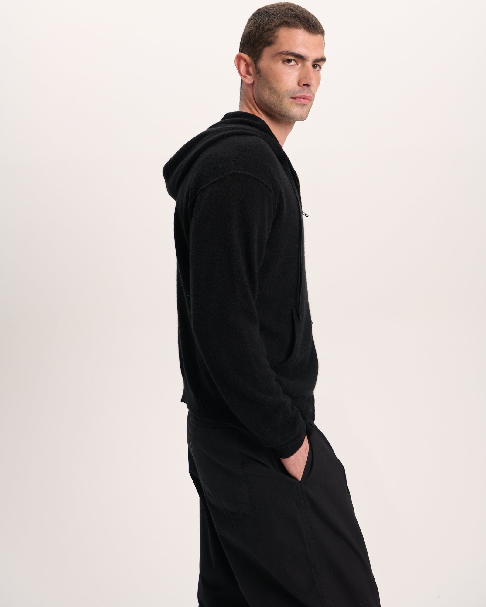 Cashmere Long Sleeve Hoodie With Seam - Black