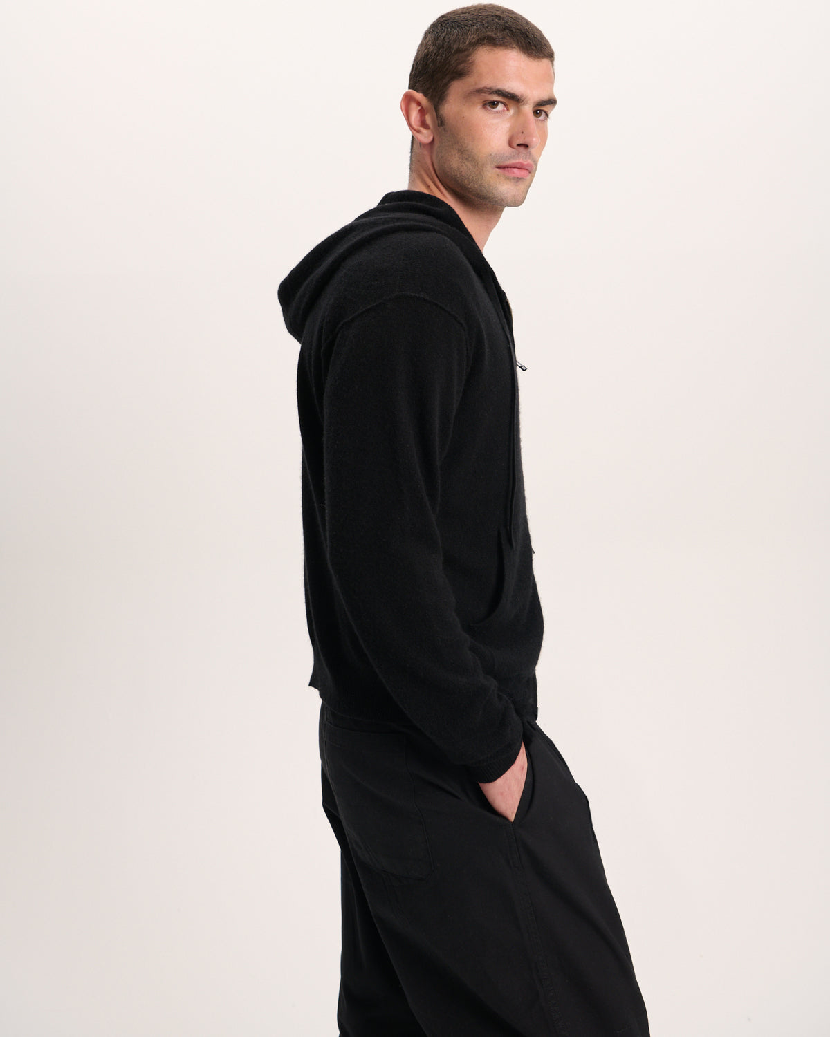 Cashmere Zip-Up Hoodie - Black