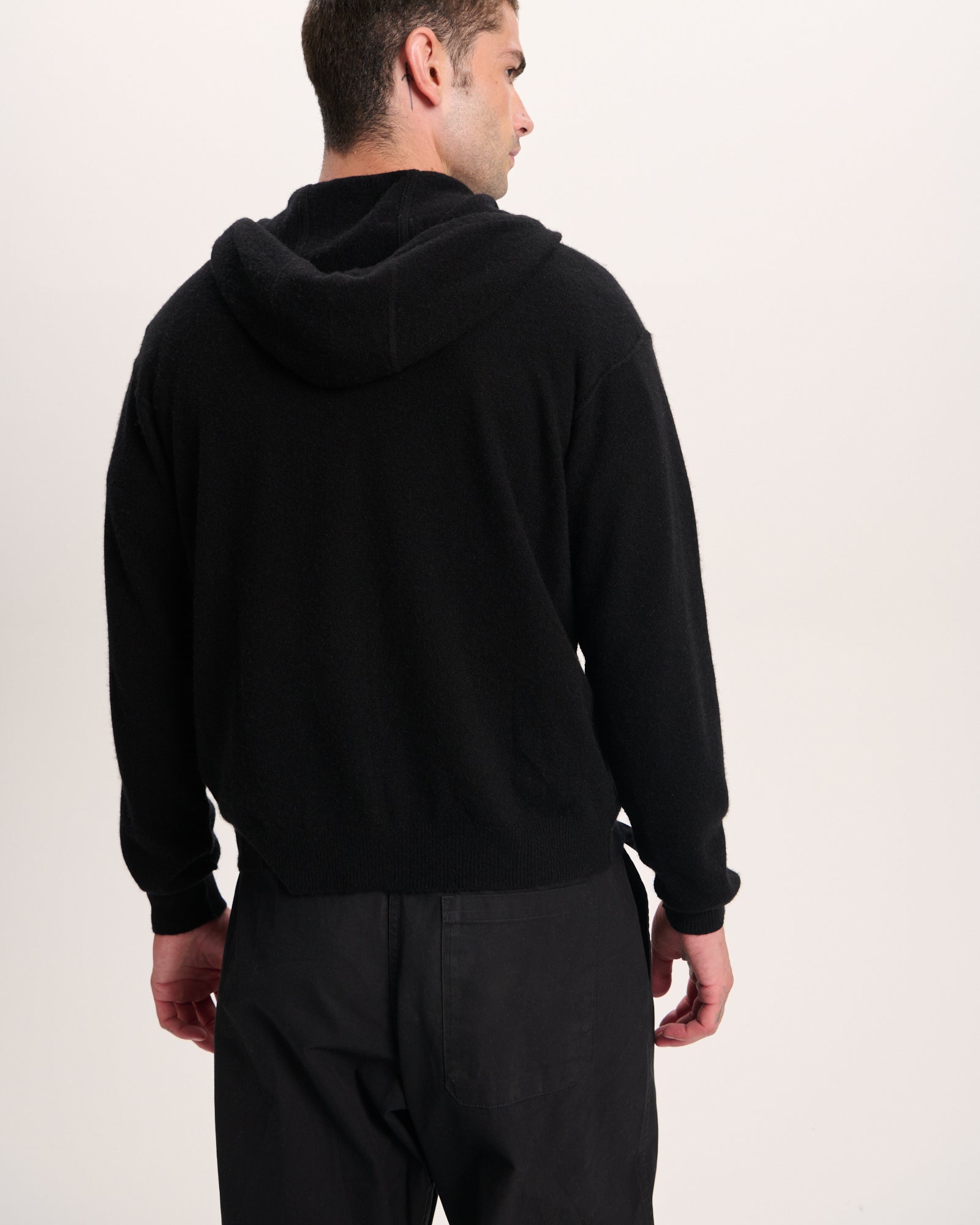 Cashmere Long Sleeve Hoodie With Seam - Black