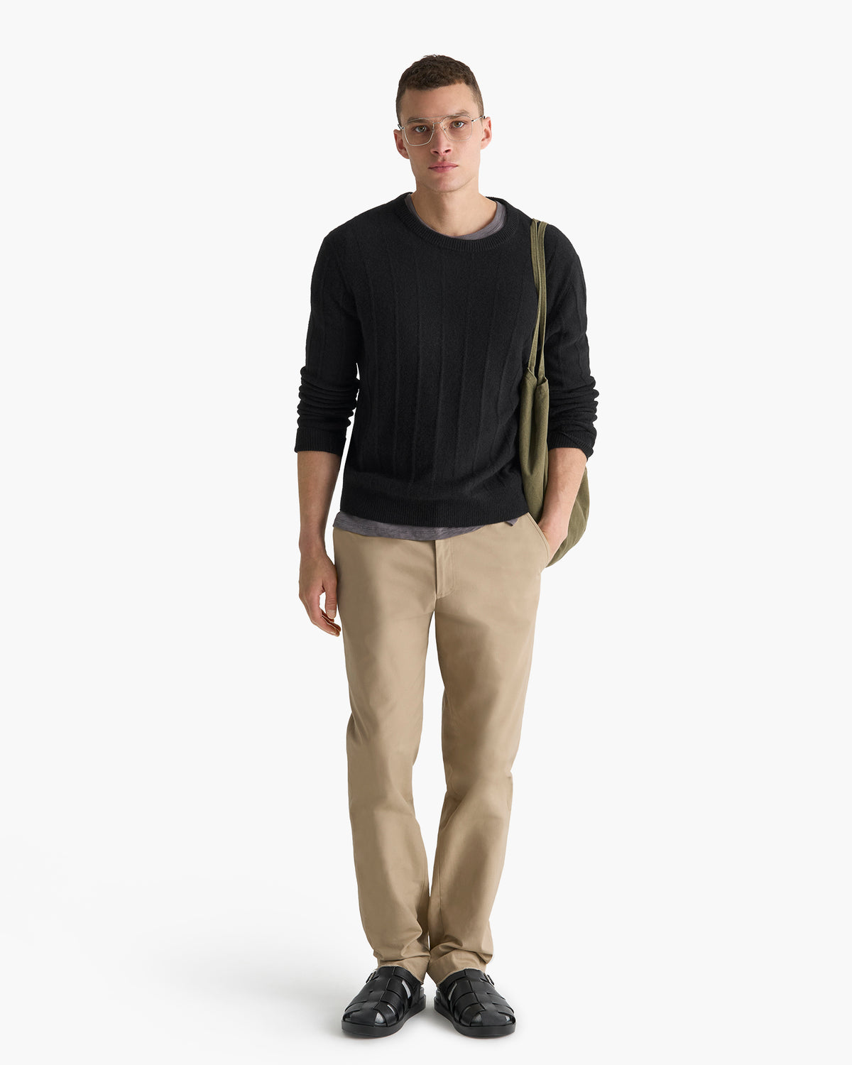 Wide Rib Cashmere Crew Neck Sweater - Black
