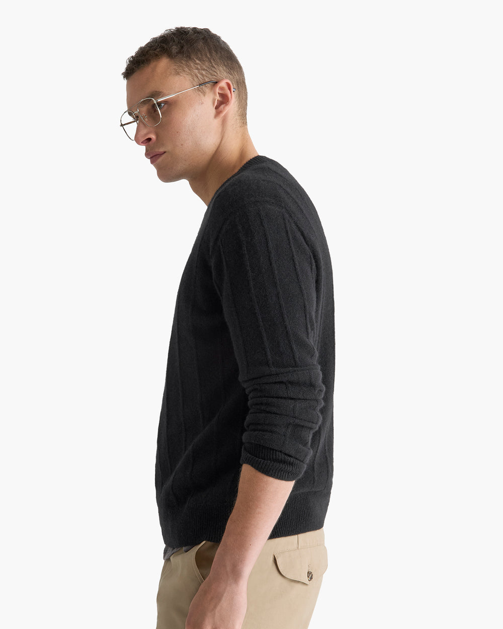 Wide Rib Cashmere Crew Neck Sweater - Black
