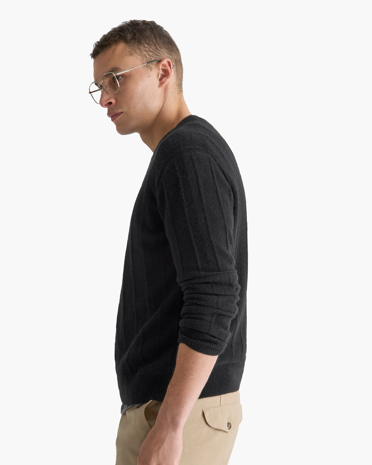Wide Rib Cashmere Crew Neck Sweater - Black