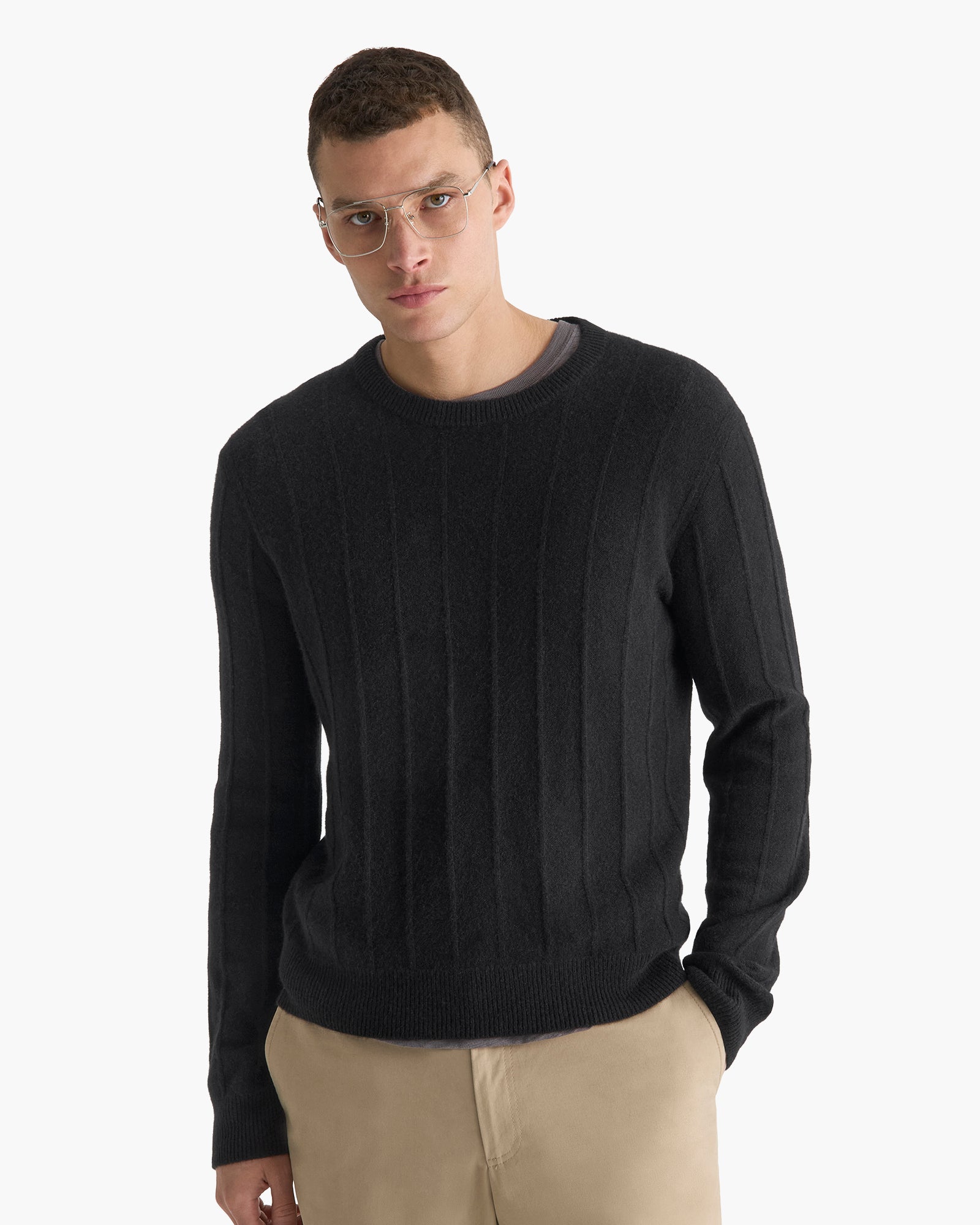 Wide Rib Cashmere Crew Neck Sweater - Black