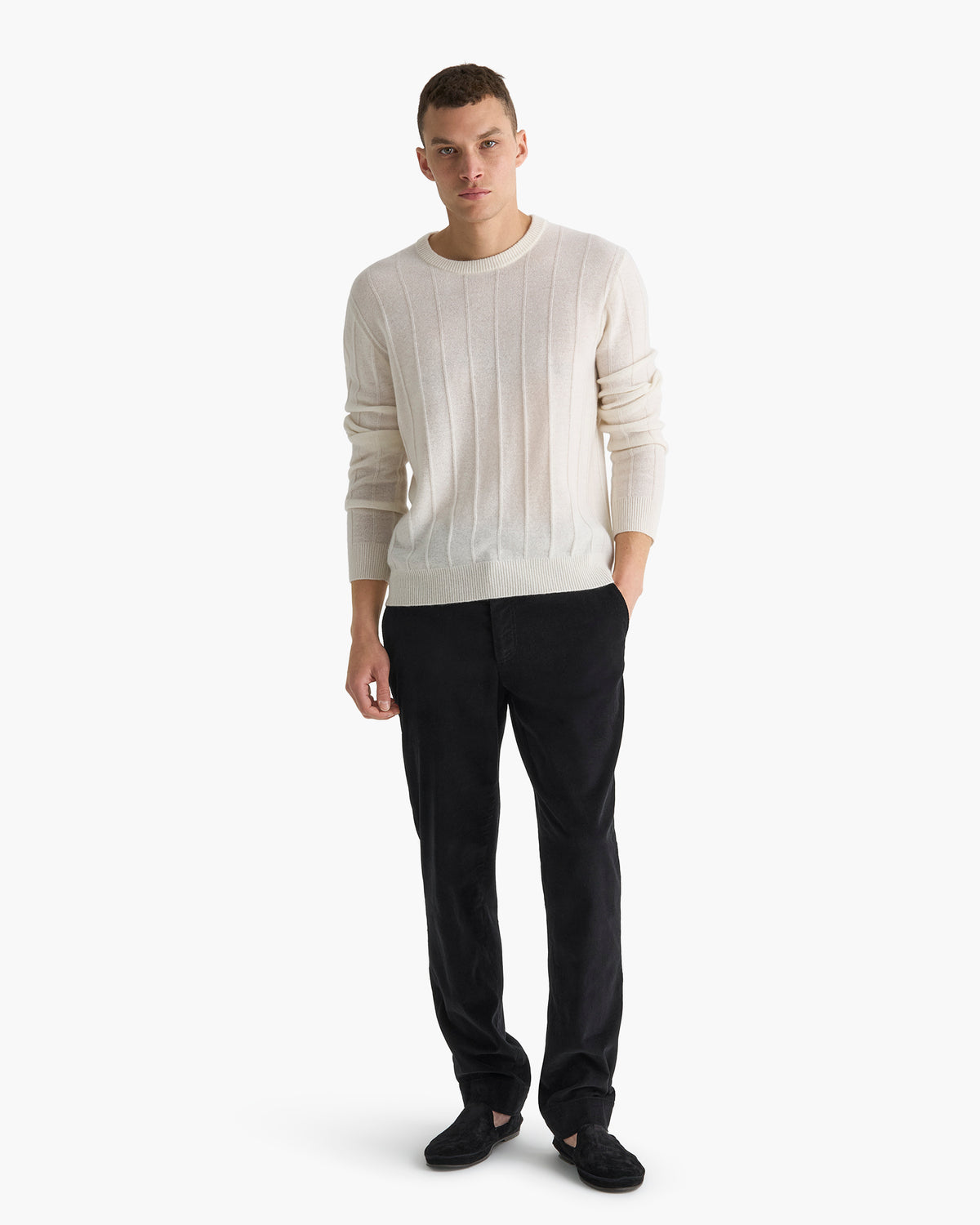 Wide Rib Cashmere Crew Neck Sweater - Chalk