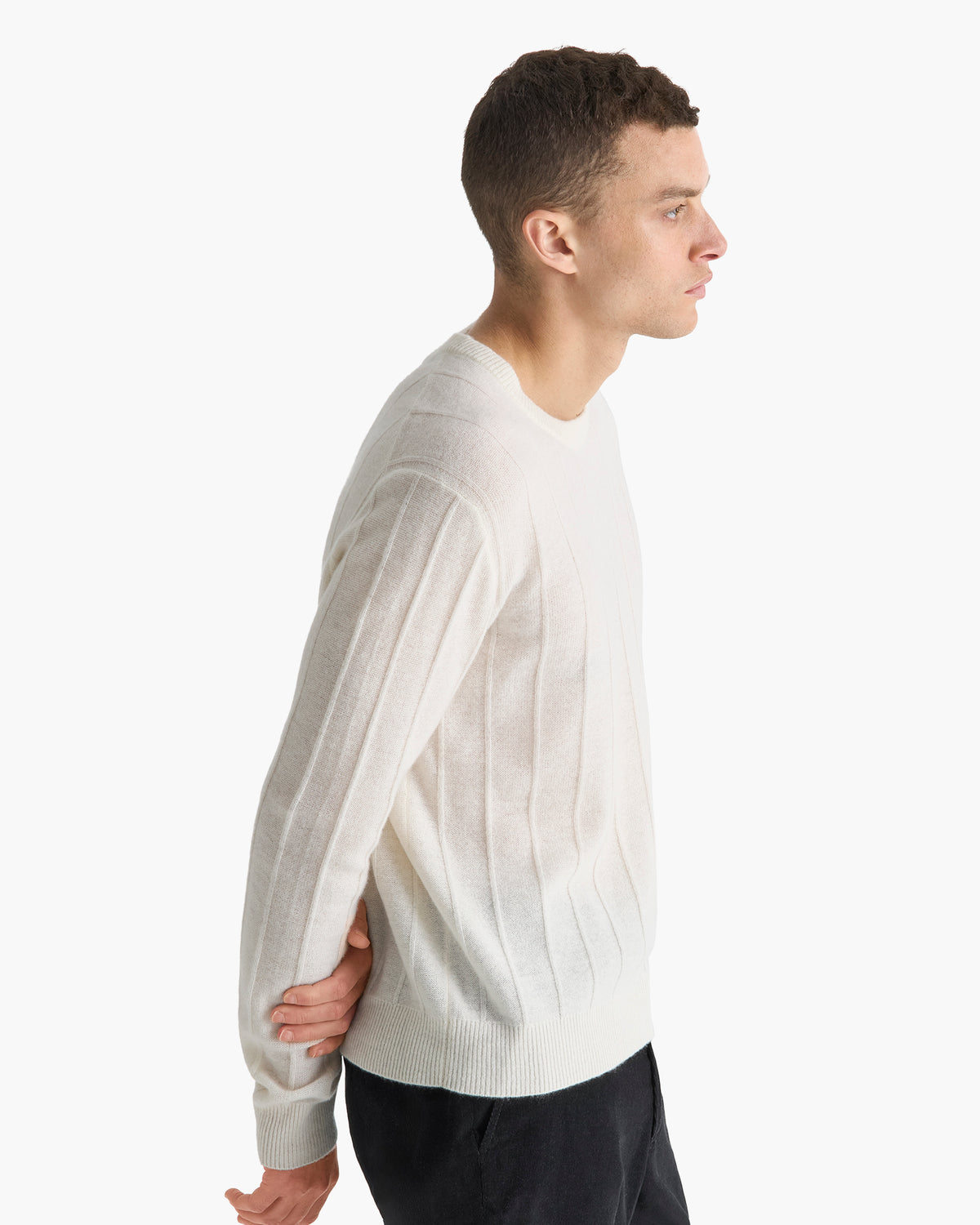 Wide Rib Cashmere Crew Neck Sweater - Chalk