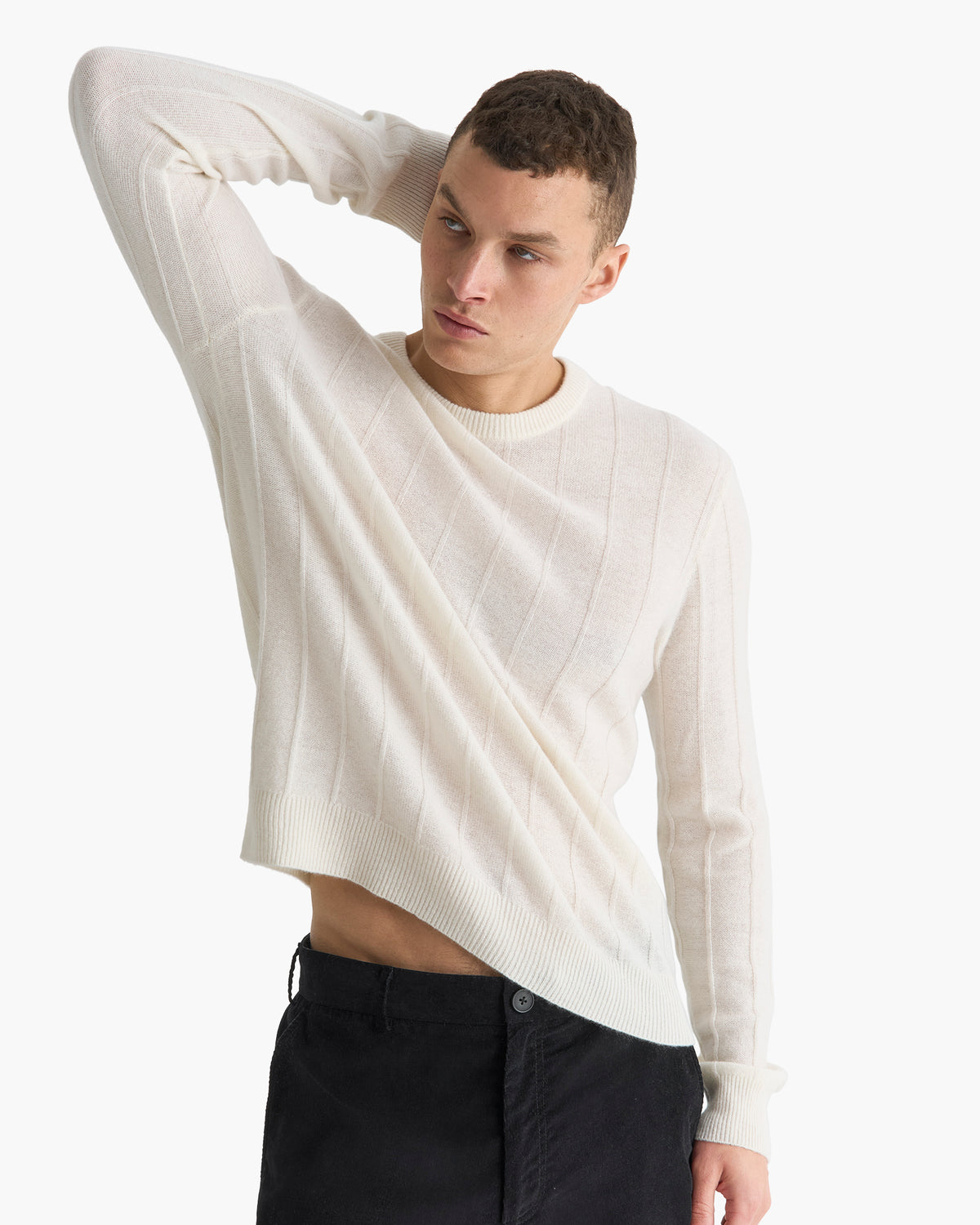 Wide Rib Cashmere Crew Neck Sweater - Chalk