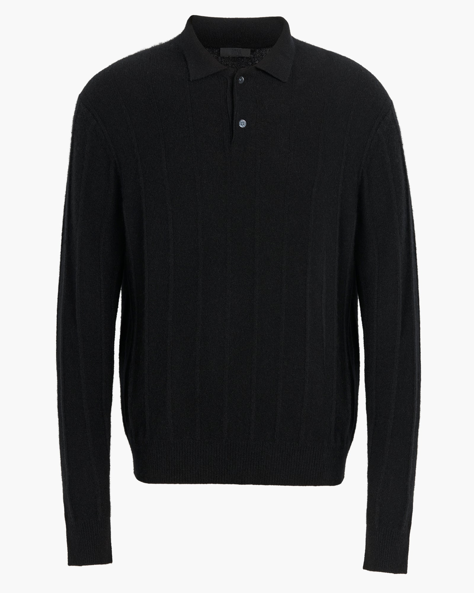 Wide Rib Cashmere Long Sleeve Polo Sweater- Black
