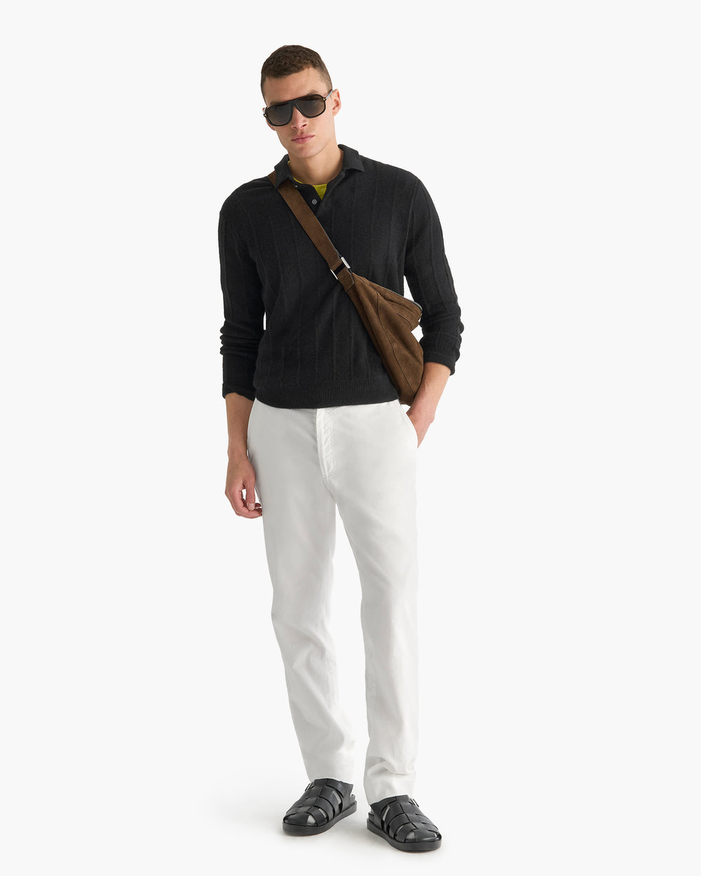 Wide Rib Cashmere Long Sleeve Polo Sweater- Black