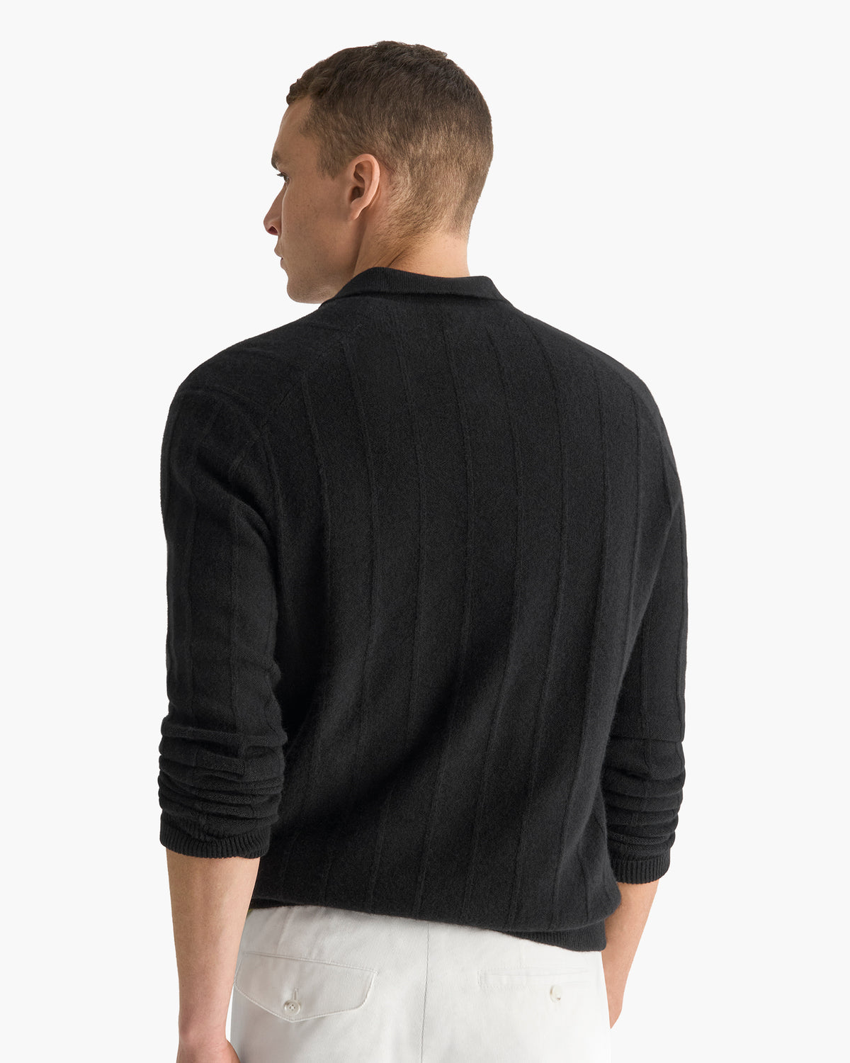 Wide Rib Cashmere Long Sleeve Polo Sweater- Black