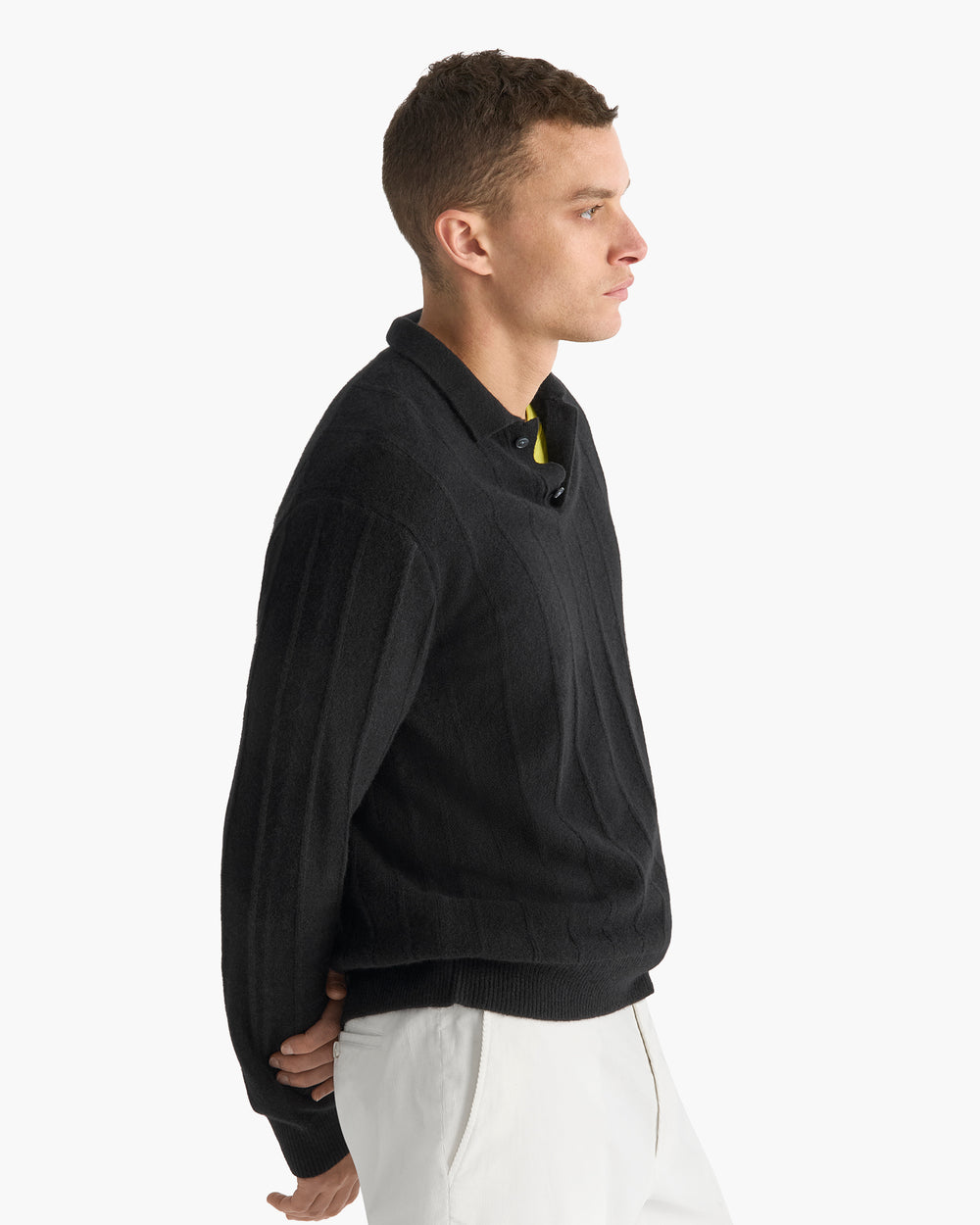 Wide Rib Cashmere Long Sleeve Polo Sweater- Black