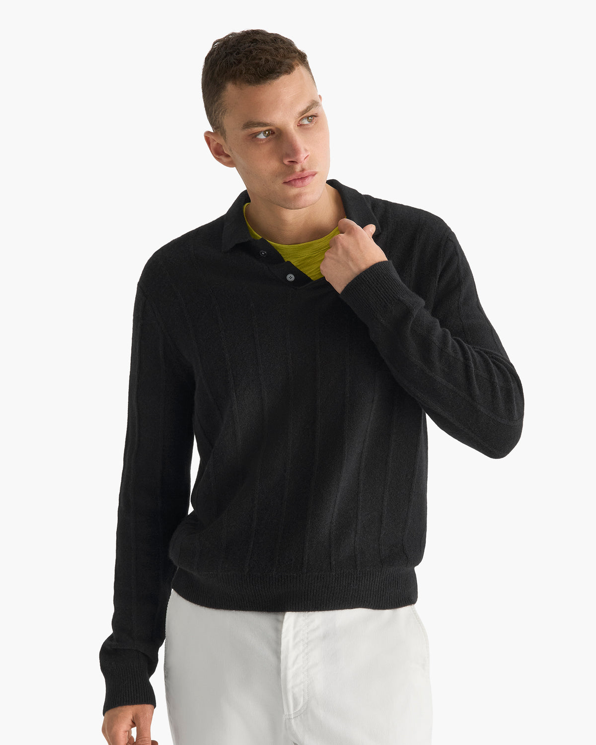 Wide Rib Cashmere Long Sleeve Polo Sweater- Black
