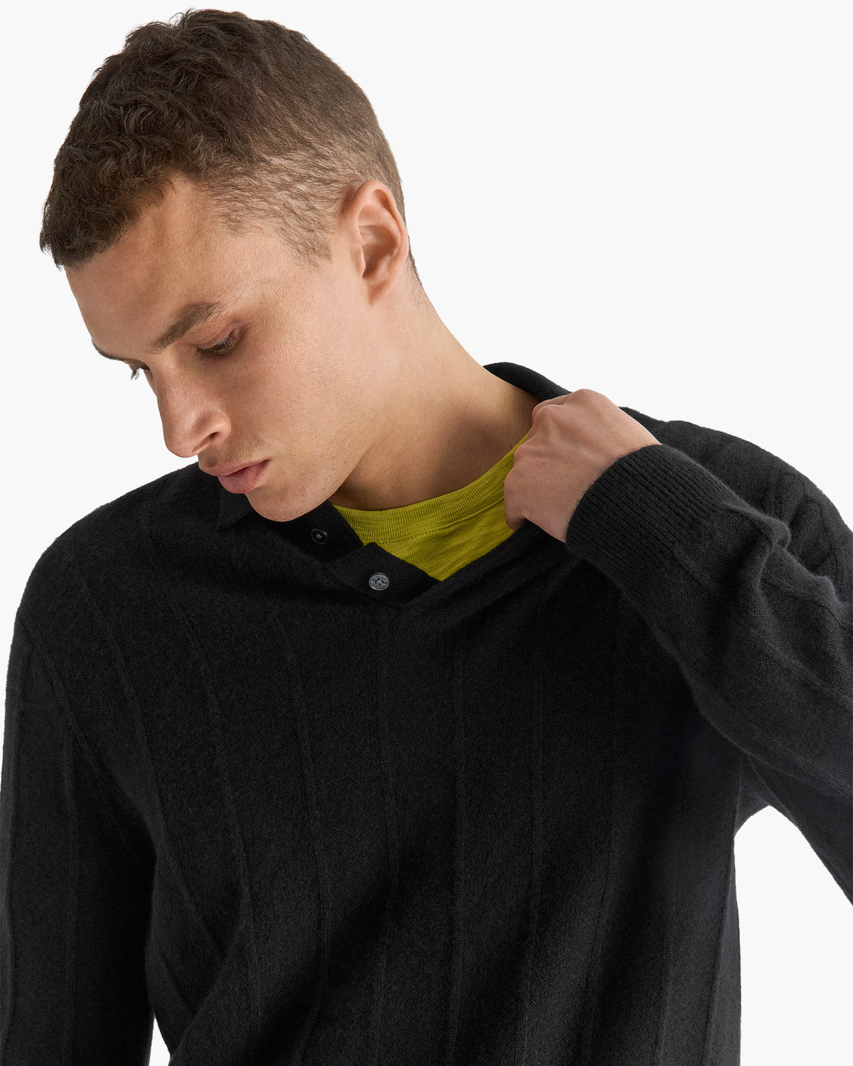 Wide Rib Cashmere Long Sleeve Polo Sweater- Black
