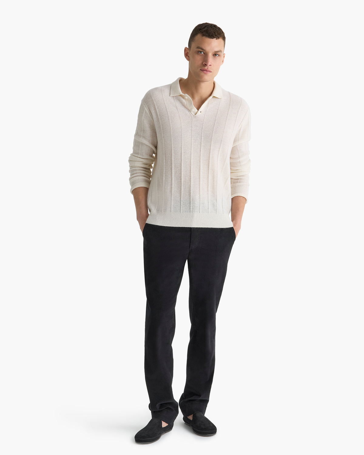 Wide Rib Cashmere Long Sleeve Polo Sweater - Chalk