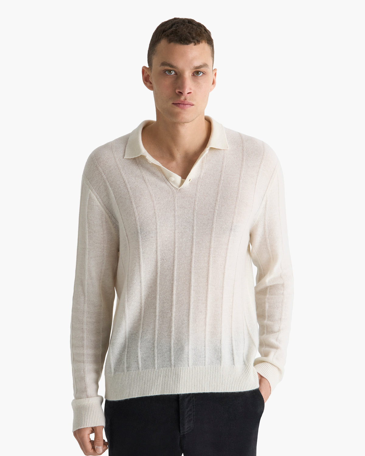Wide Rib Cashmere Long Sleeve Polo Sweater - Chalk