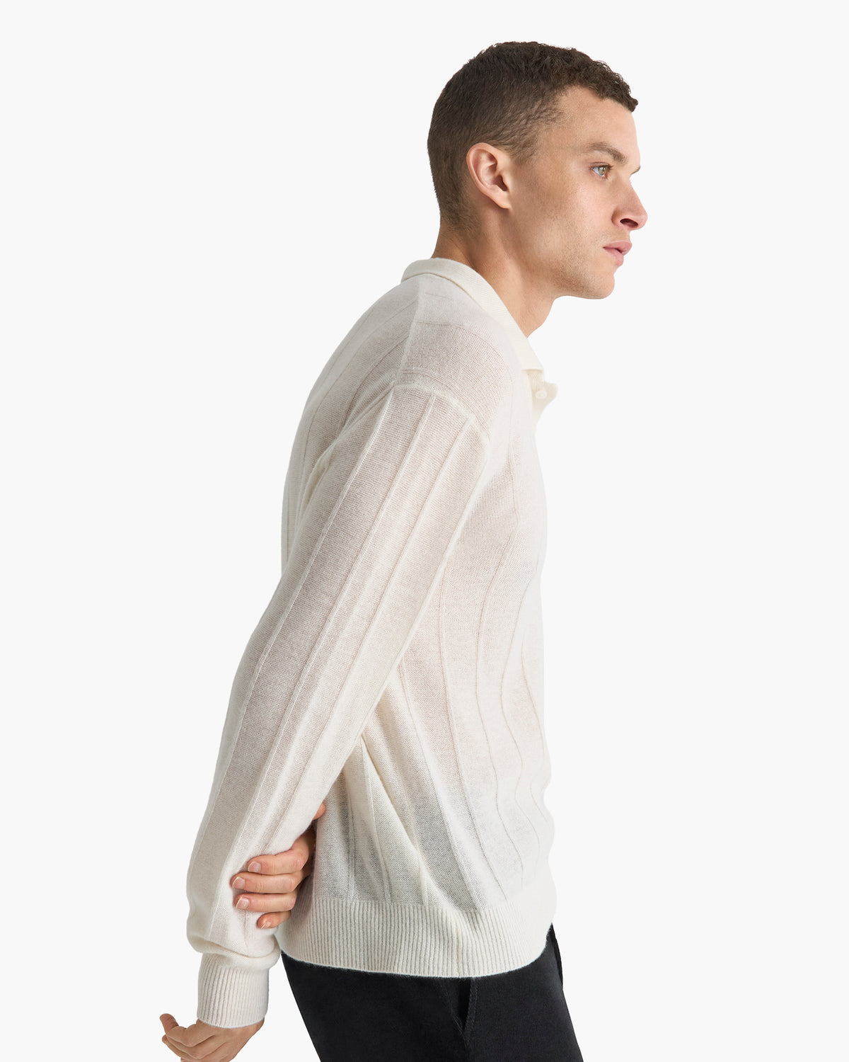Wide Rib Cashmere Long Sleeve Polo Sweater - Chalk