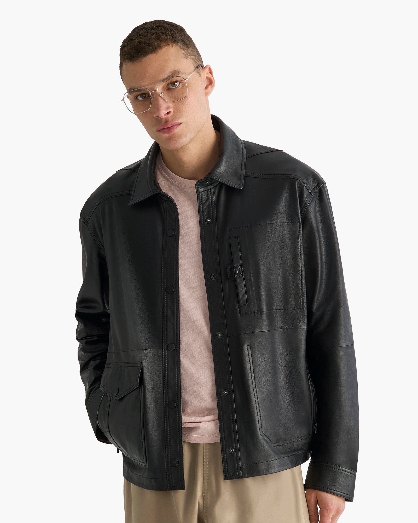 【nmtc+】　line leather jacket ブラック Leather Shirt Jacket - Black – ATM Anthony Thomas Melillo