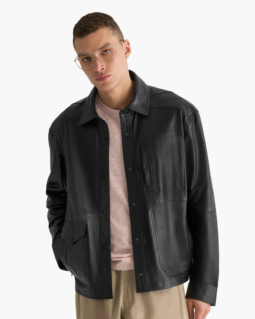 Leather Utility Jacket - Black