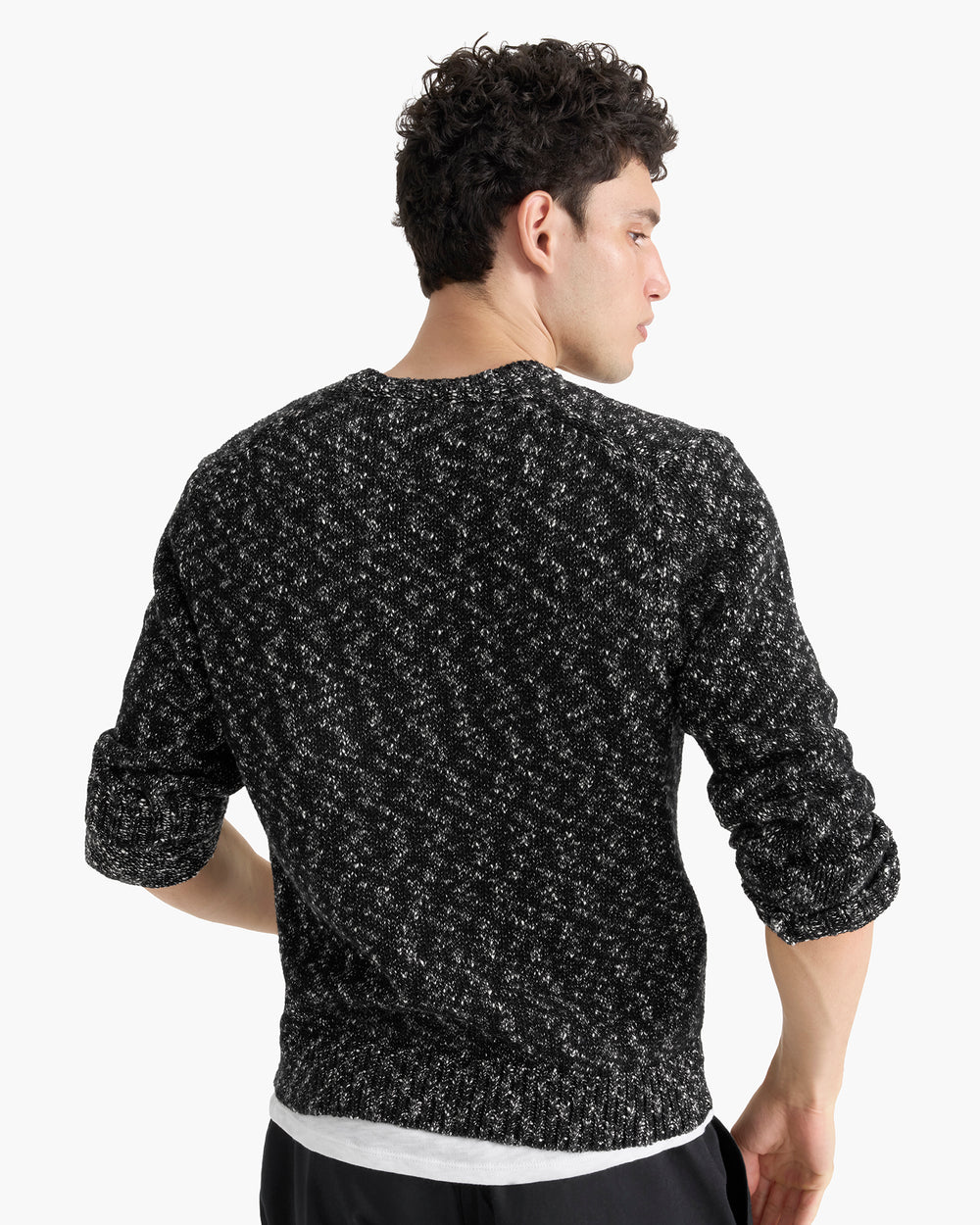 Marled Cotton Wool Blend Crew Neck - Black Marl