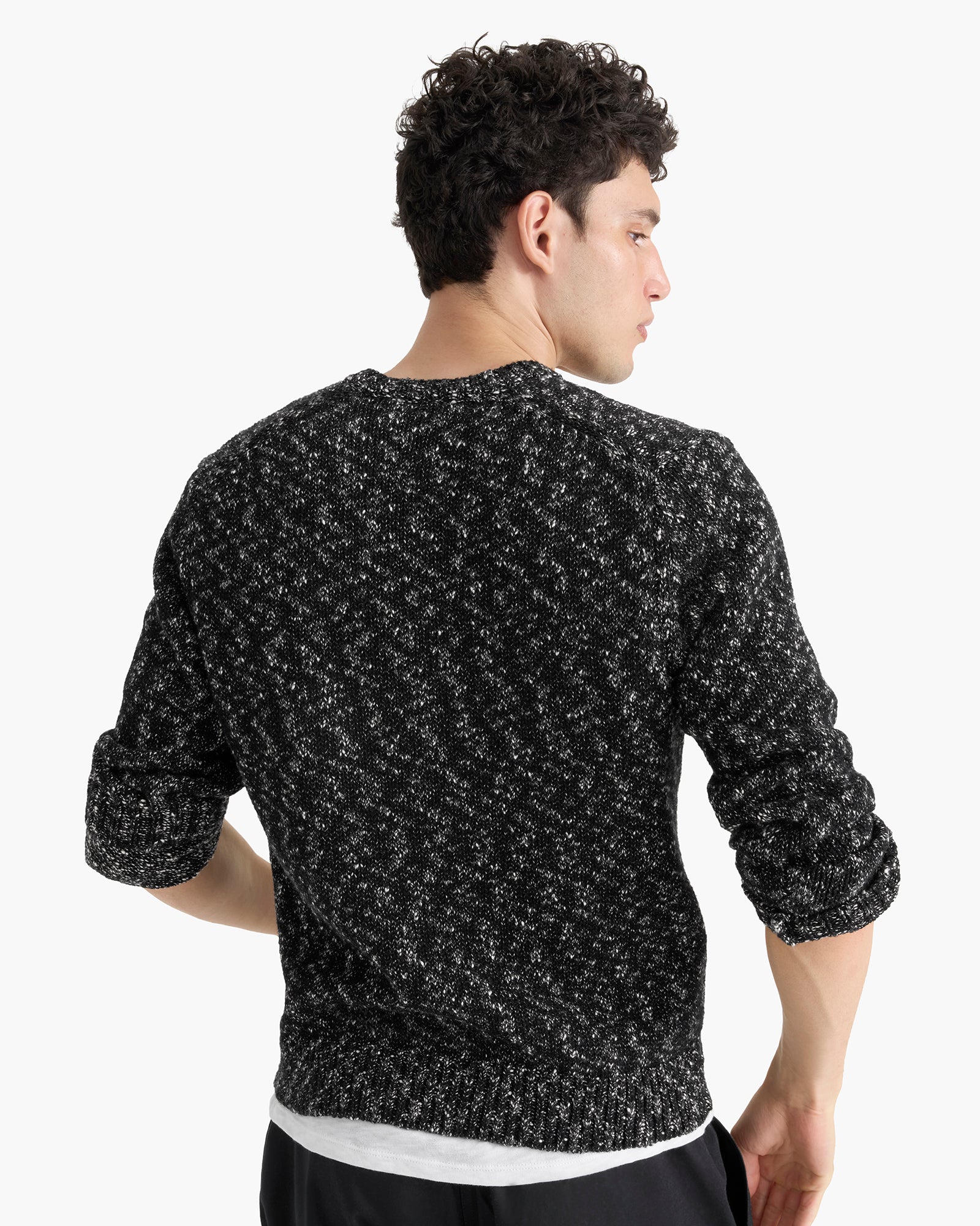 Marled Cotton Wool Blend Crew Neck - Black Marl