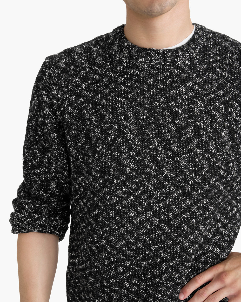 Marled Cotton Wool Blend Crew Neck - Black Marl