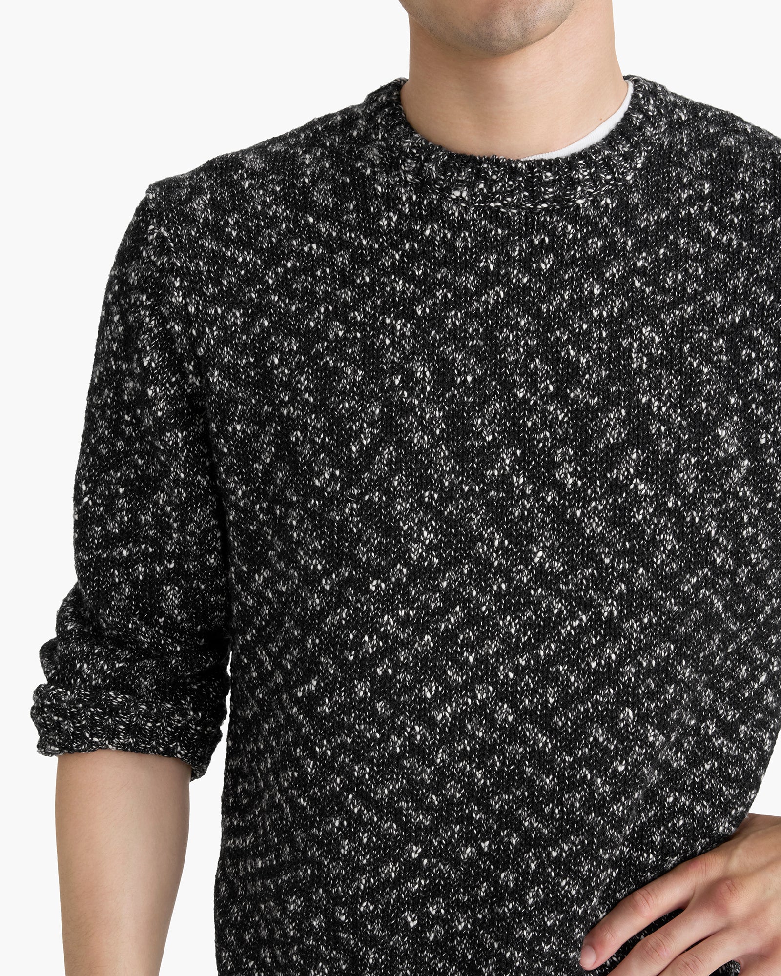 Marled Cotton Wool Blend Crew Neck - Black Marl