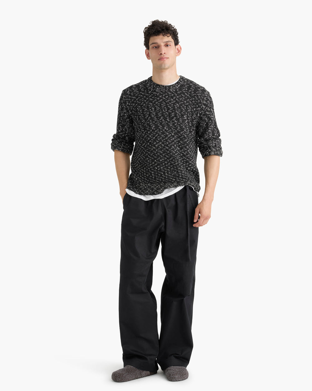 Marled Cotton Wool Blend Crew Neck - Black Marl