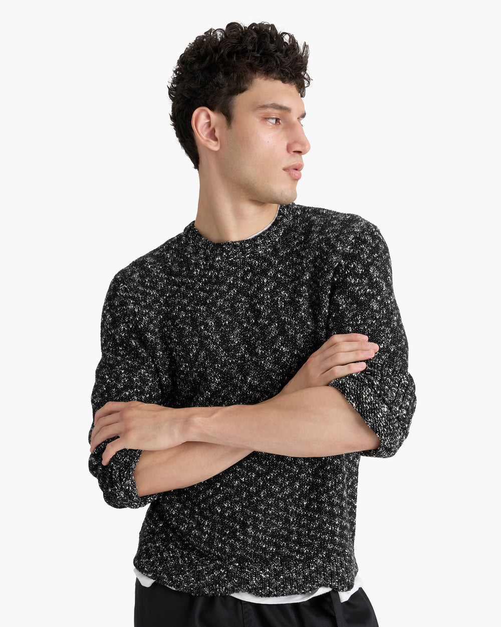Marled Cotton Wool Blend Crew Neck - Black Marl