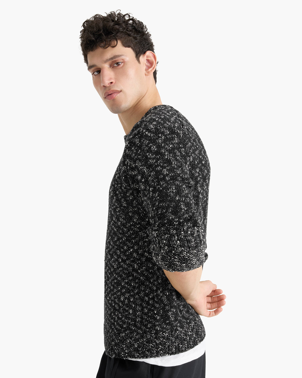 Marled Cotton Wool Blend Crew Neck - Black Marl
