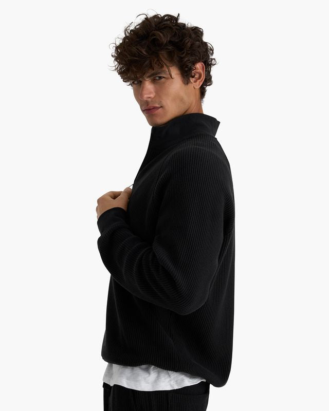 Cotton Waffle Quarter Zip - Black