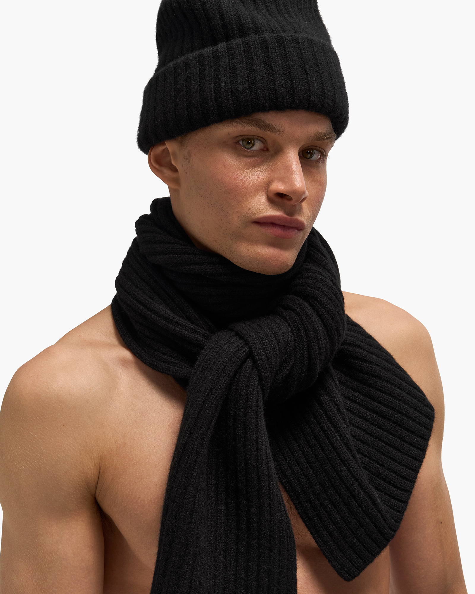 Plaited Ribbed Beanie/Scarf Set - Black