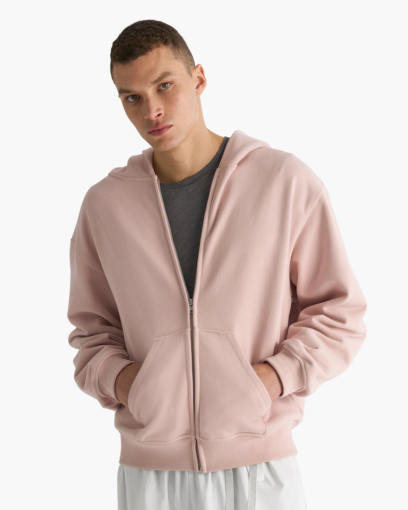 Heavy French Terry Zip-Up Hoodie - Faded Rose