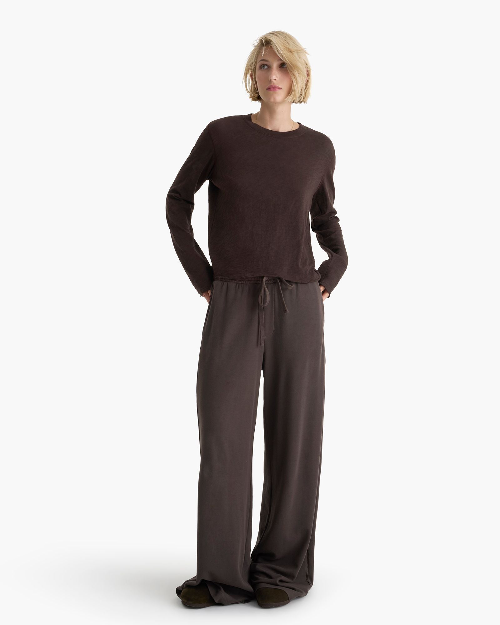 Slub Jersey Long Sleeve Destroyed Wash Tee -  Dark Chocolate