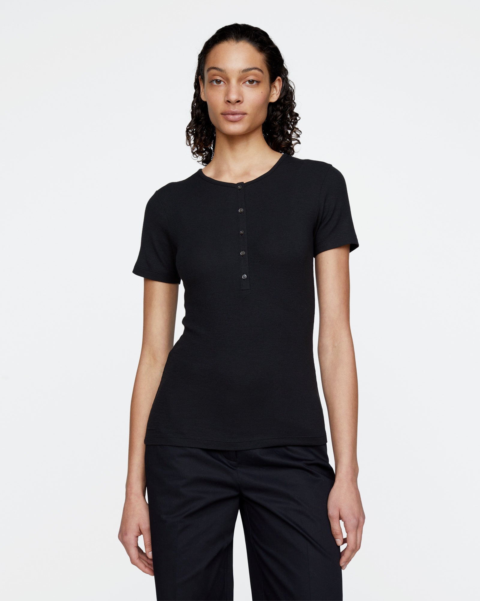 Modal Rib Short Sleeve Henley - Black