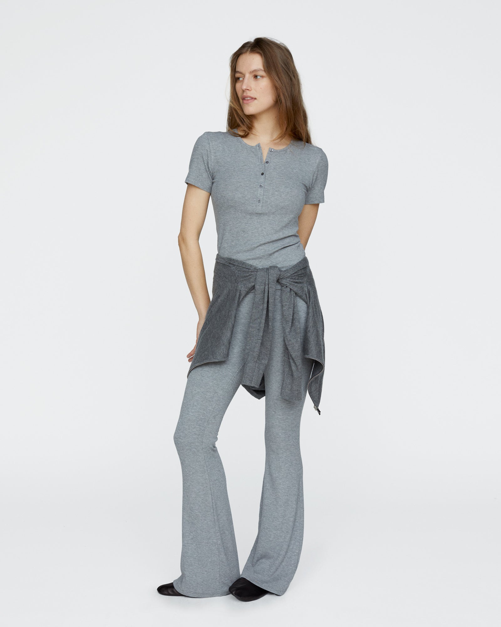 Modal Rib Short Sleeve Henley - Medium Heather Grey