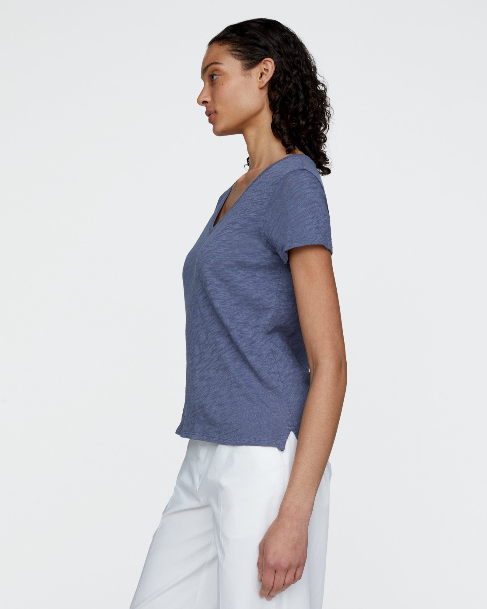 Slub Jersey Schoolboy V-Neck Tee - Dusk Blue