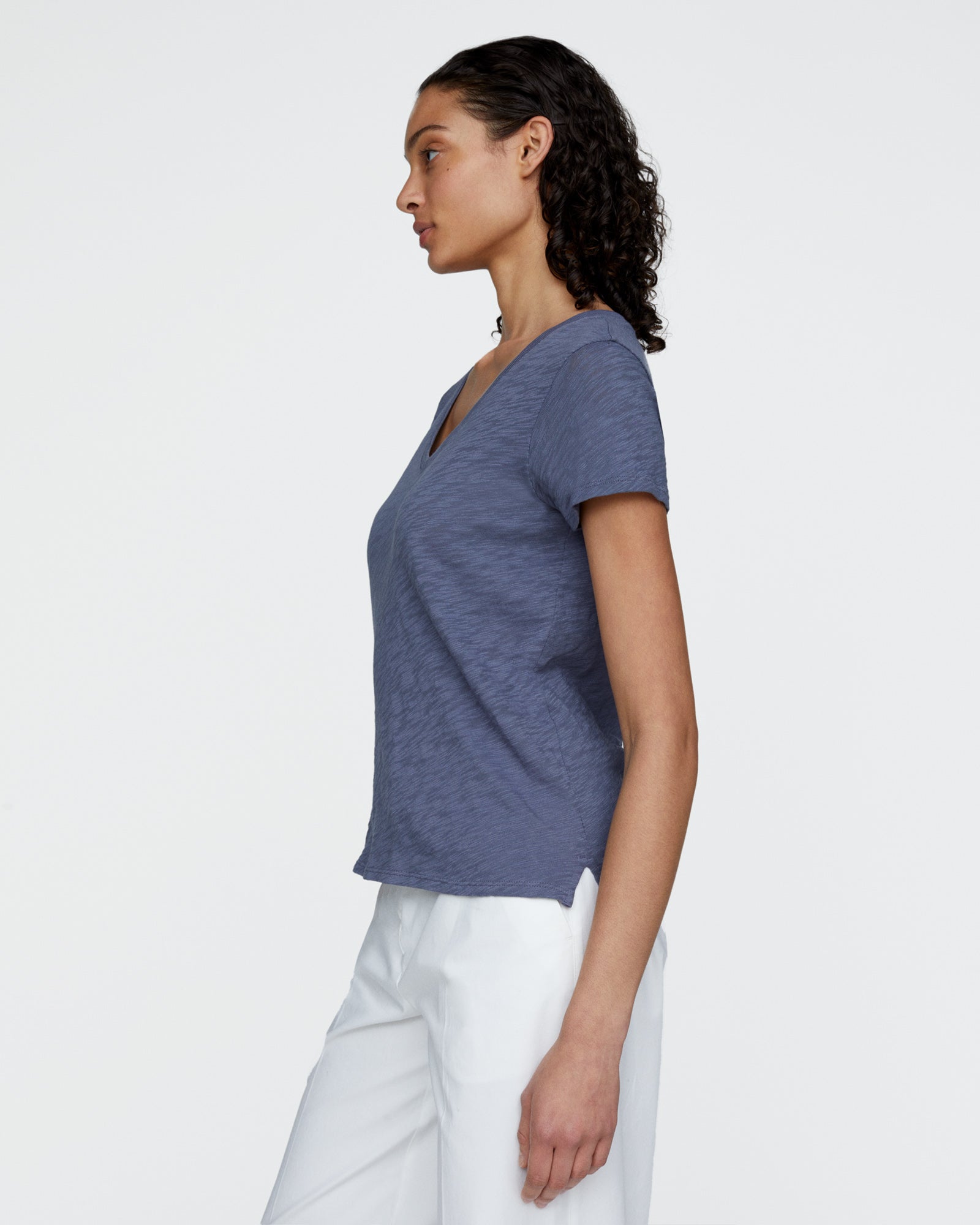 Slub Jersey Schoolboy V-Neck Tee - Dusk Blue